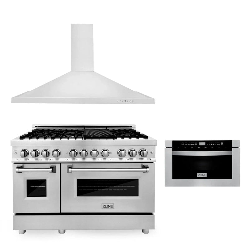 ZLINE 48" Bundled Stainless Dual Range, Range Hood, Microwave, 3KP-RARH48-MW by Farmhouse Kitchen and Bath