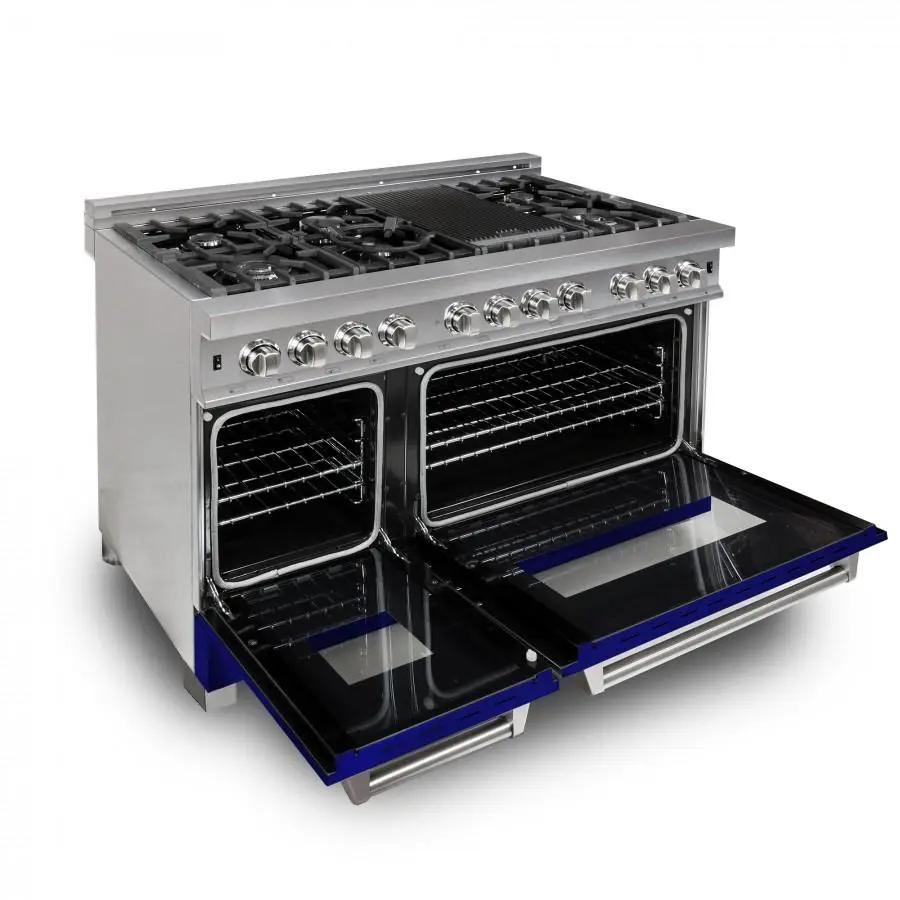 ZLINE 48" Dual Fuel Range in Snow Stainless, Blue Gloss Door, RAS-BG-48 by Farmhouse Kitchen and Bath