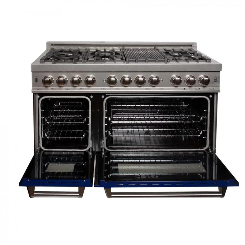 ZLINE 48" Dual Fuel Range in Snow Stainless, Blue Gloss Door, RAS-BG-48 by Farmhouse Kitchen and Bath