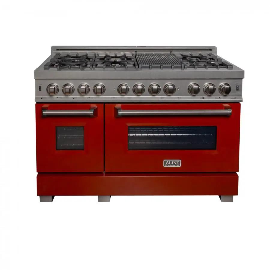 ZLINE 48" Dual Fuel Range in Snow Stainless, Red Gloss Door, RAS-RG-48 by Farmhouse Kitchen and Bath
