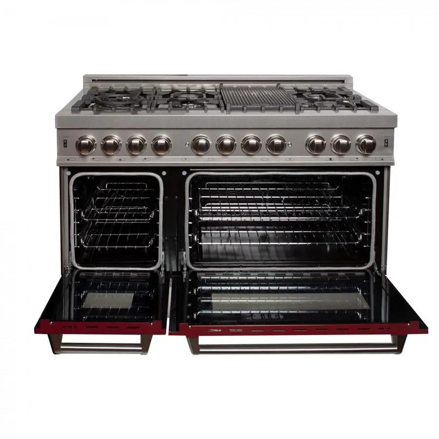 ZLINE 48" Dual Fuel Range in Snow Stainless, Red Gloss Door, RAS-RG-48 by Farmhouse Kitchen and Bath
