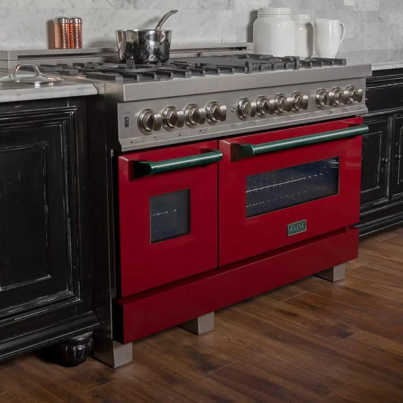 ZLINE 48" Dual Fuel Range in Snow Stainless, Red Gloss Door, RAS-RG-48 by Farmhouse Kitchen and Bath