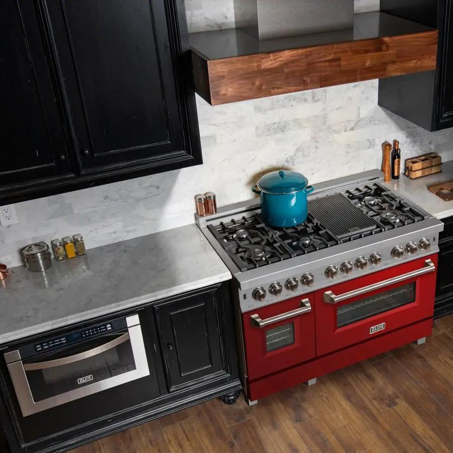 ZLINE 48" Dual Fuel Range in Snow Stainless, Red Gloss Door, RAS-RG-48 by Farmhouse Kitchen and Bath