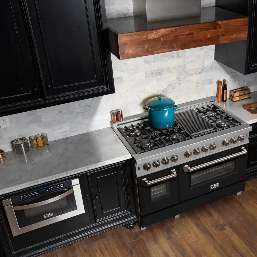 ZLINE 48" Dual Fuel Range Snow Stainless, Black Matte Door, RAS-BLM-48 by Farmhouse Kitchen and Bath