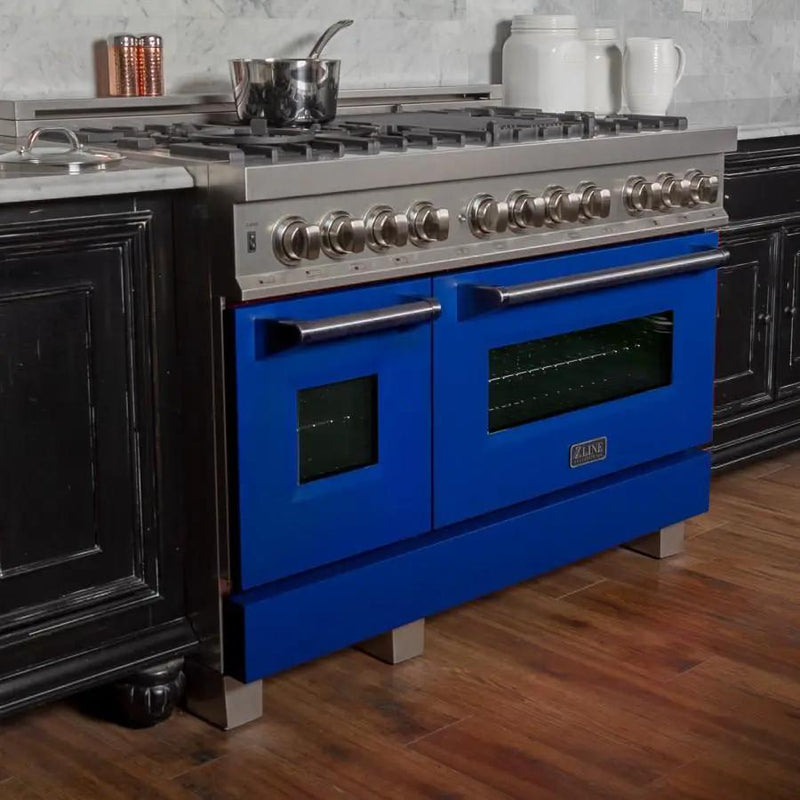 ZLINE 48" Dual Fuel Range Snow Stainless, Blue Matte Door, RAS-BM-48 by Farmhouse Kitchen and Bath