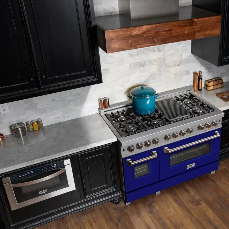 ZLINE 48" Dual Fuel Range Snow Stainless, Blue Matte Door, RAS-BM-48 by Farmhouse Kitchen and Bath