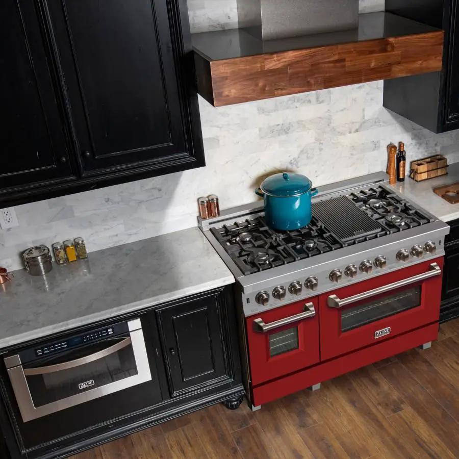 ZLINE 48" Dual Fuel Range Snow Stainless, Red Matte Door, RAS-RM-48 by Farmhouse Kitchen and Bath