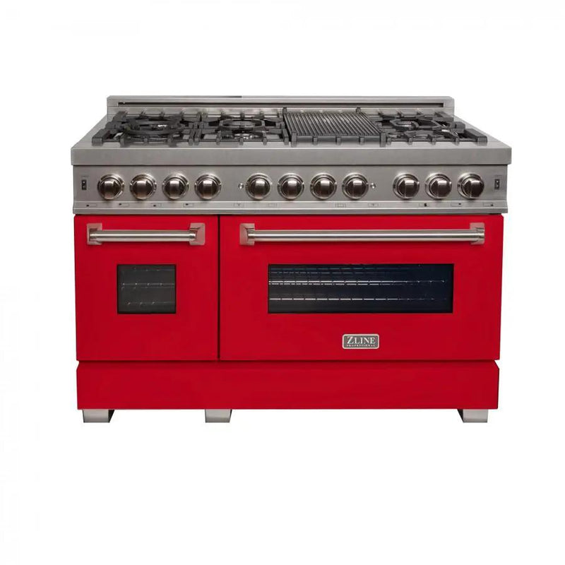 ZLINE 48" Dual Fuel Range Snow Stainless, Red Matte Door, RAS-RM-48 by Farmhouse Kitchen and Bath