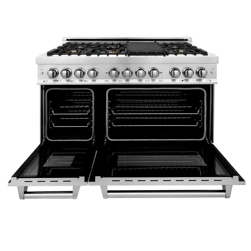 ZLINE 48" Gas Burner/Electric Oven Range Stainless, Brass Burners, RA-BR-48 by Farmhouse Kitchen and Bath