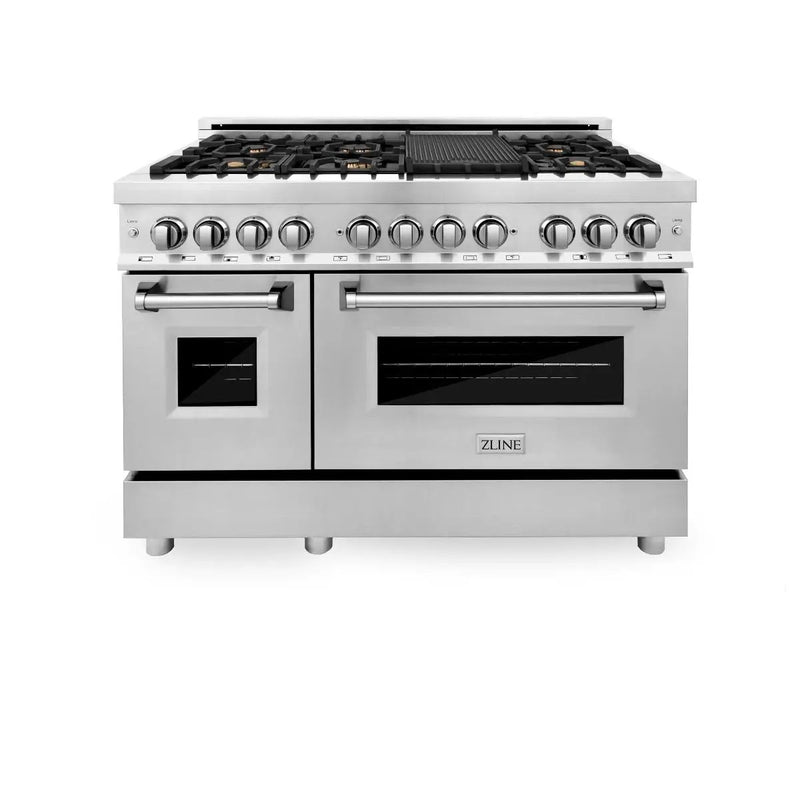 ZLINE 48" Gas Burner/Electric Oven Range Stainless, Brass Burners, RA-BR-48 by Farmhouse Kitchen and Bath