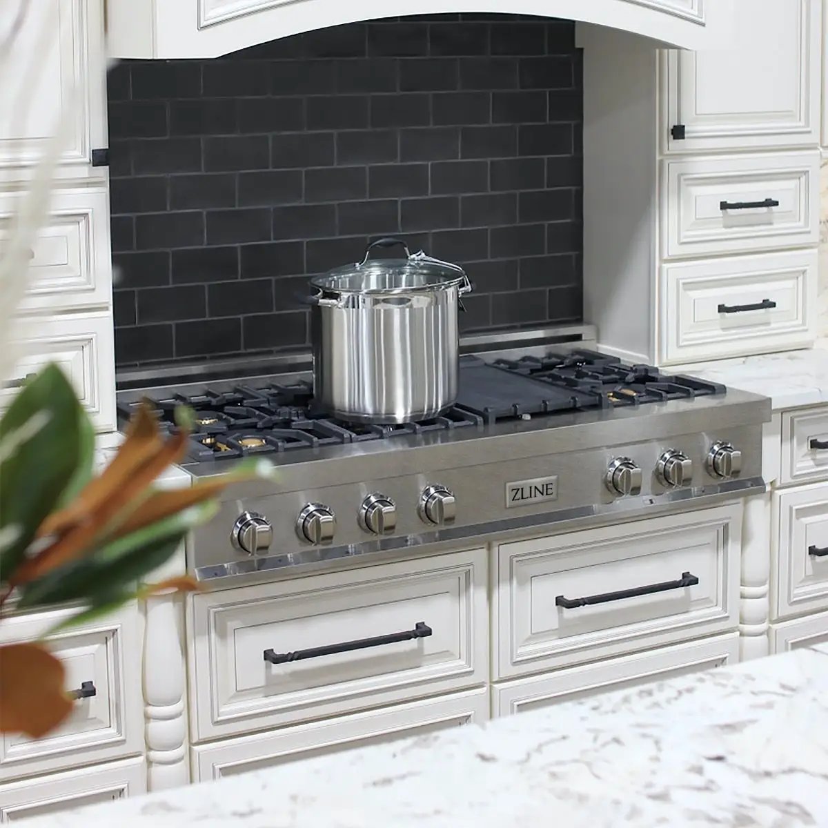 ZLINE 48" Porcelain Rangetop, DuraSnow®, 7 Brass Burners, RTS-BR-48 by Farmhouse Kitchen and Bath