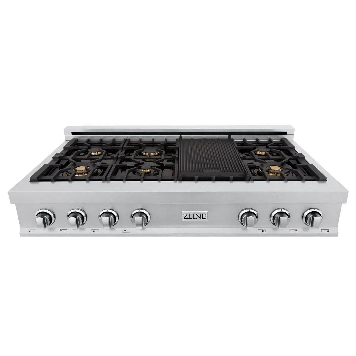 ZLINE 48" Porcelain Rangetop, DuraSnow®, 7 Brass Burners, RTS-BR-48 by Farmhouse Kitchen and Bath
