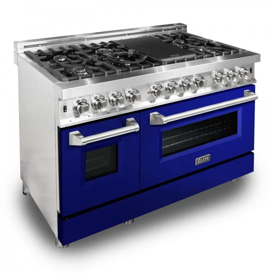 ZLINE 48" Professional Dual Fuel Range with Blue Gloss Door, RA-BG-48 by Farmhouse Kitchen and Bath