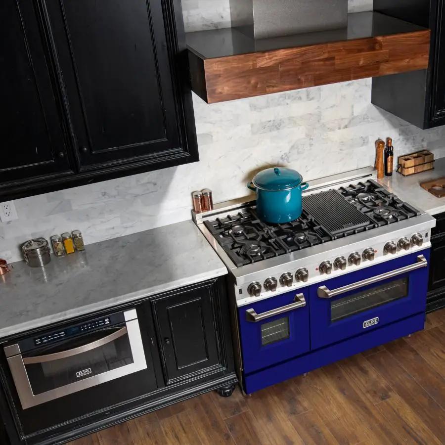 ZLINE 48" Professional Dual Fuel Range with Blue Matte Door, RA-BM-48 by Farmhouse Kitchen and Bath