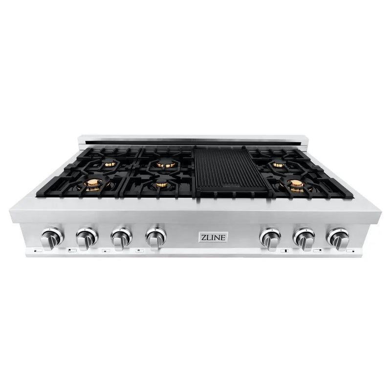 ZLINE 48" Rangetop With 7 Gas Brass Burners, RT-BR-48 by Farmhouse Kitchen and Bath
