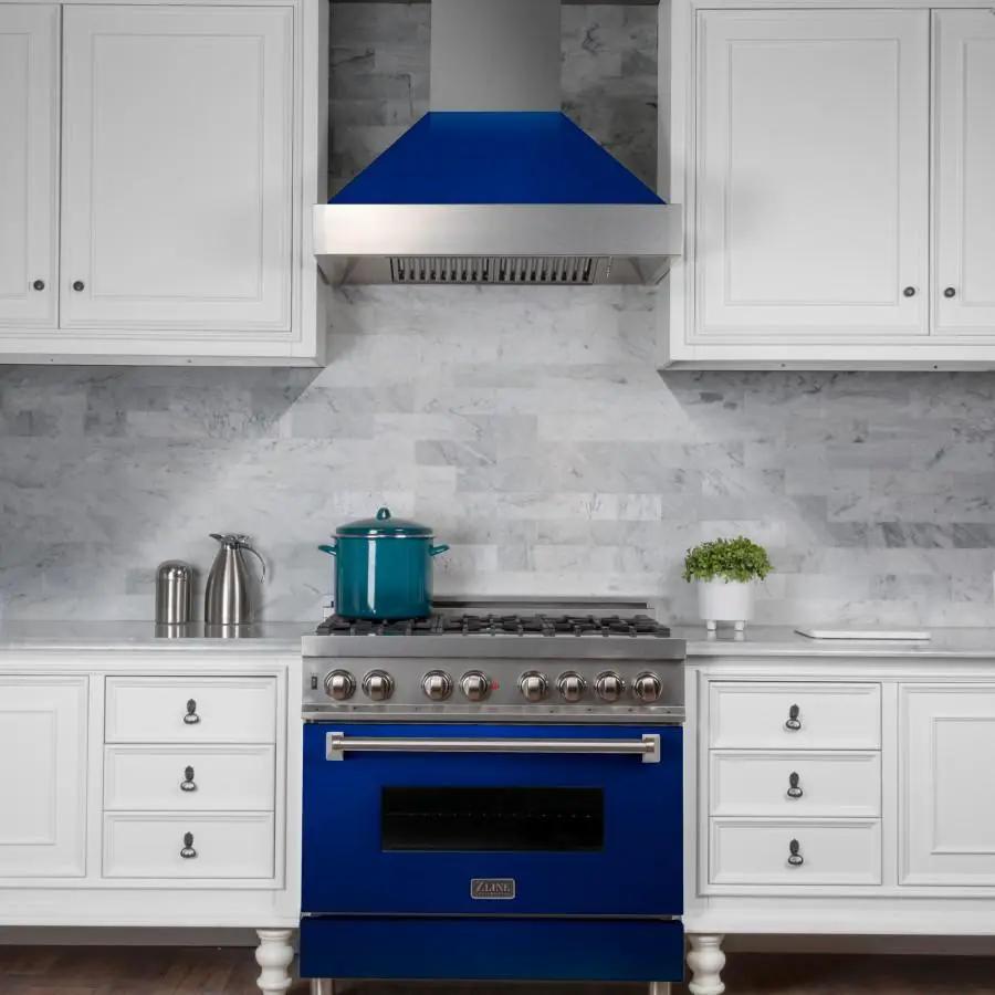 ZLINE 48" Snow Finish Wall Range Hood, Blue Gloss Shell, 8654BG-48 by Farmhouse Kitchen and Bath