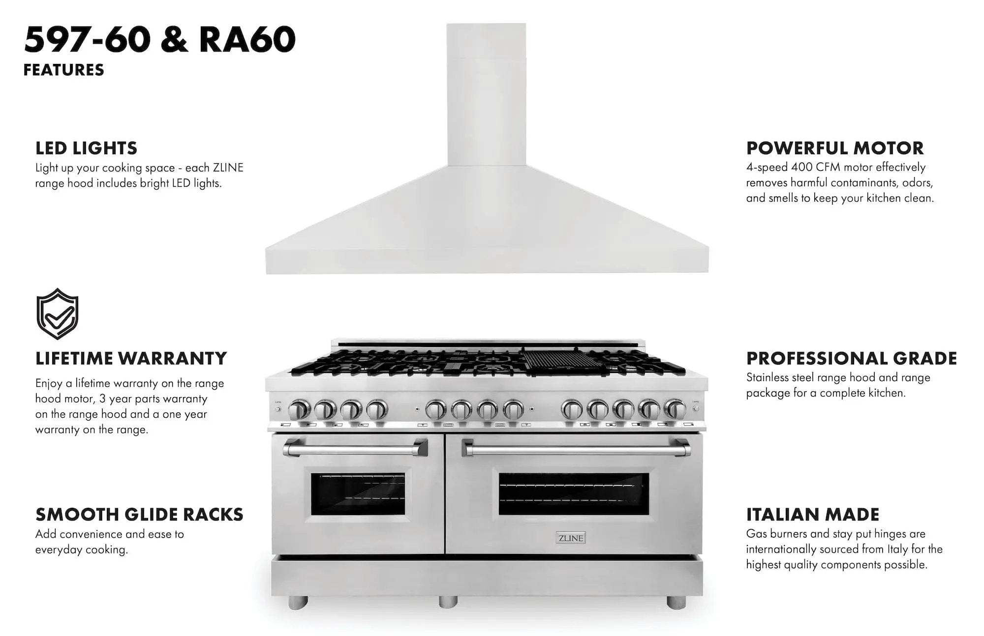 ZLINE 60" Bundle, Range RA60 & Wall Range Hood 597-60, 2KP-RARH60 by Farmhouse Kitchen and Bath