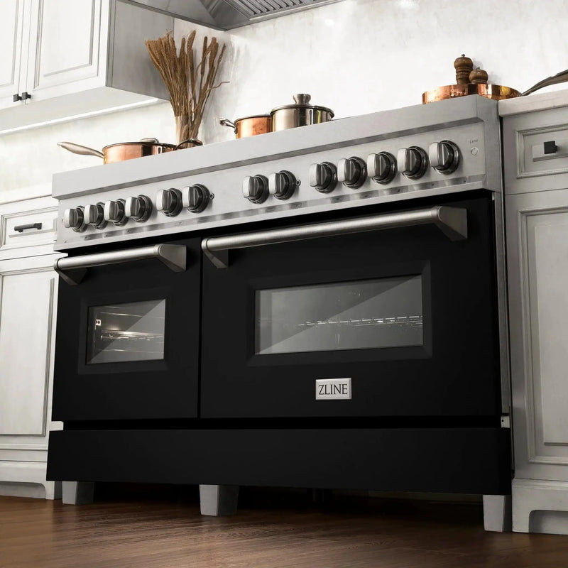 ZLINE 60" Dual Fuel Range Snow Stainless, Black Matte Door, RAS-BLM-60 by Farmhouse Kitchen and Bath