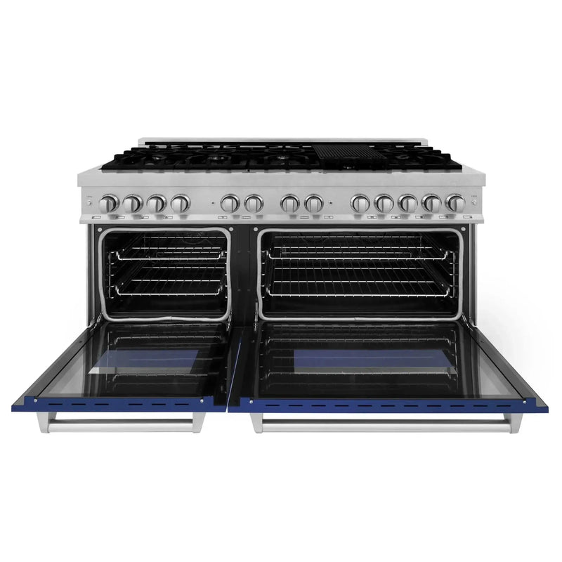 ZLINE 60" Dual Fuel Range Snow Stainless, Blue Matte Door, RAS-BM-60 by Farmhouse Kitchen and Bath