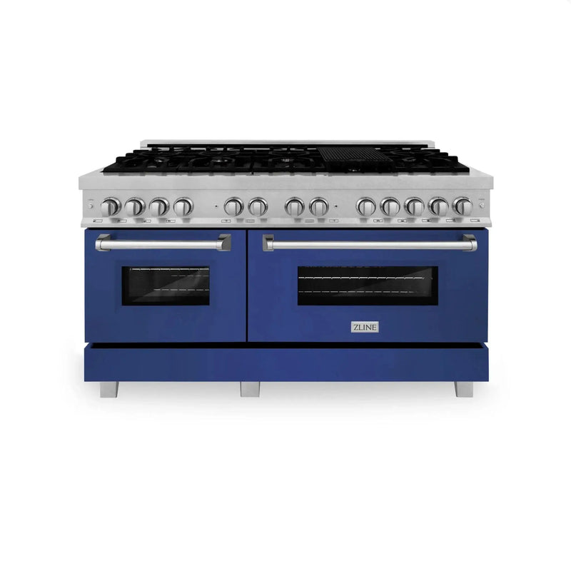 ZLINE 60" Dual Fuel Range Snow Stainless, Blue Matte Door, RAS-BM-60 by Farmhouse Kitchen and Bath