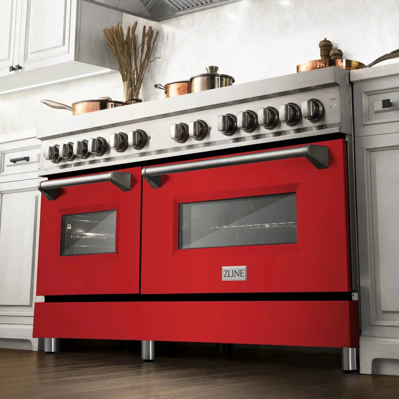 ZLINE 60" Professional Dual Fuel Range with Red Gloss Door, RA-RG-60 by Farmhouse Kitchen and Bath