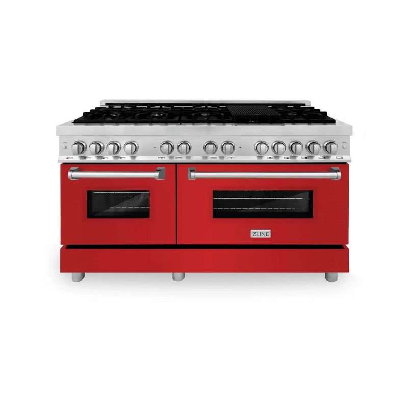 ZLINE 60" Professional Dual Fuel Range with Red Gloss Door, RA-RG-60 by Farmhouse Kitchen and Bath