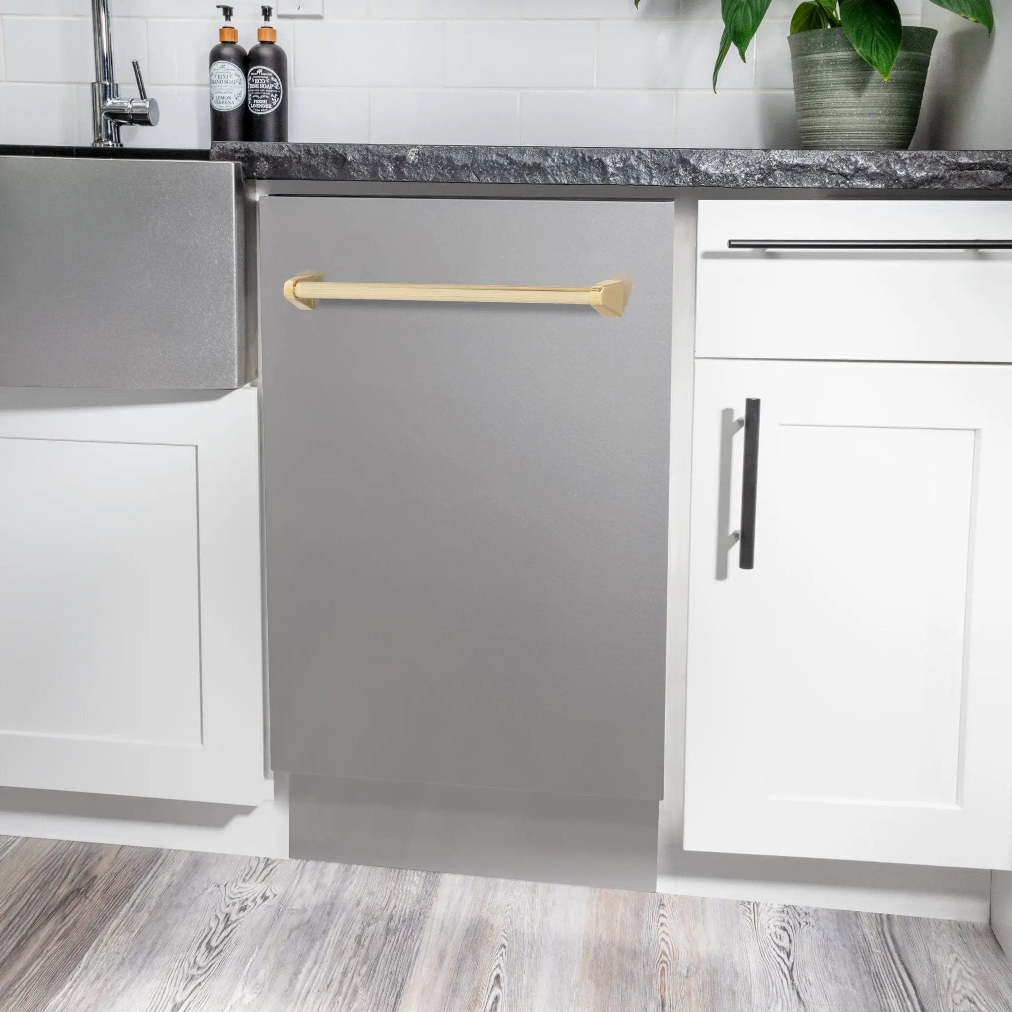 ZLINE Autograph 18" Dishwasher Stainless Door, Gold Handle DWVZ-304-18-G by Farmhouse Kitchen and Bath