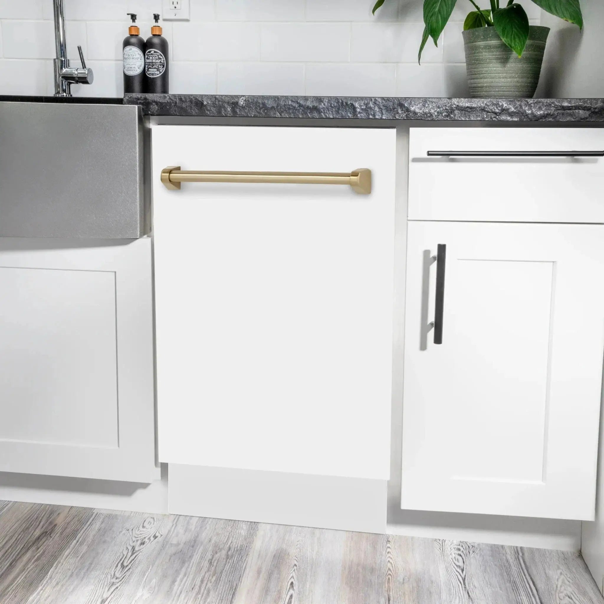 ZLINE Autograph 18" Dishwasher White Door, Bronze Handle DWVZ-WM-18-CB by Farmhouse Kitchen and Bath