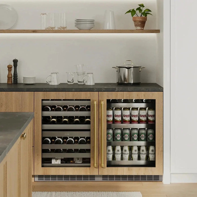 ZLINE Autograph 24 in. Dual Zone 44 Bottle Wine Cooler With Stainless Steel Glass Door And Champagne Bronze Handle RWDOZ-GS-24-CB by Farmhouse Kitchen and Bath