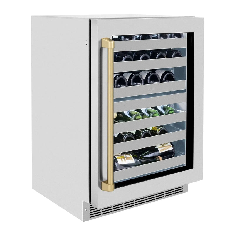 ZLINE Autograph 24 in. Dual Zone 44 Bottle Wine Cooler With Stainless Steel Glass Door And Champagne Bronze Handle RWDOZ-GS-24-CB by Farmhouse Kitchen and Bath