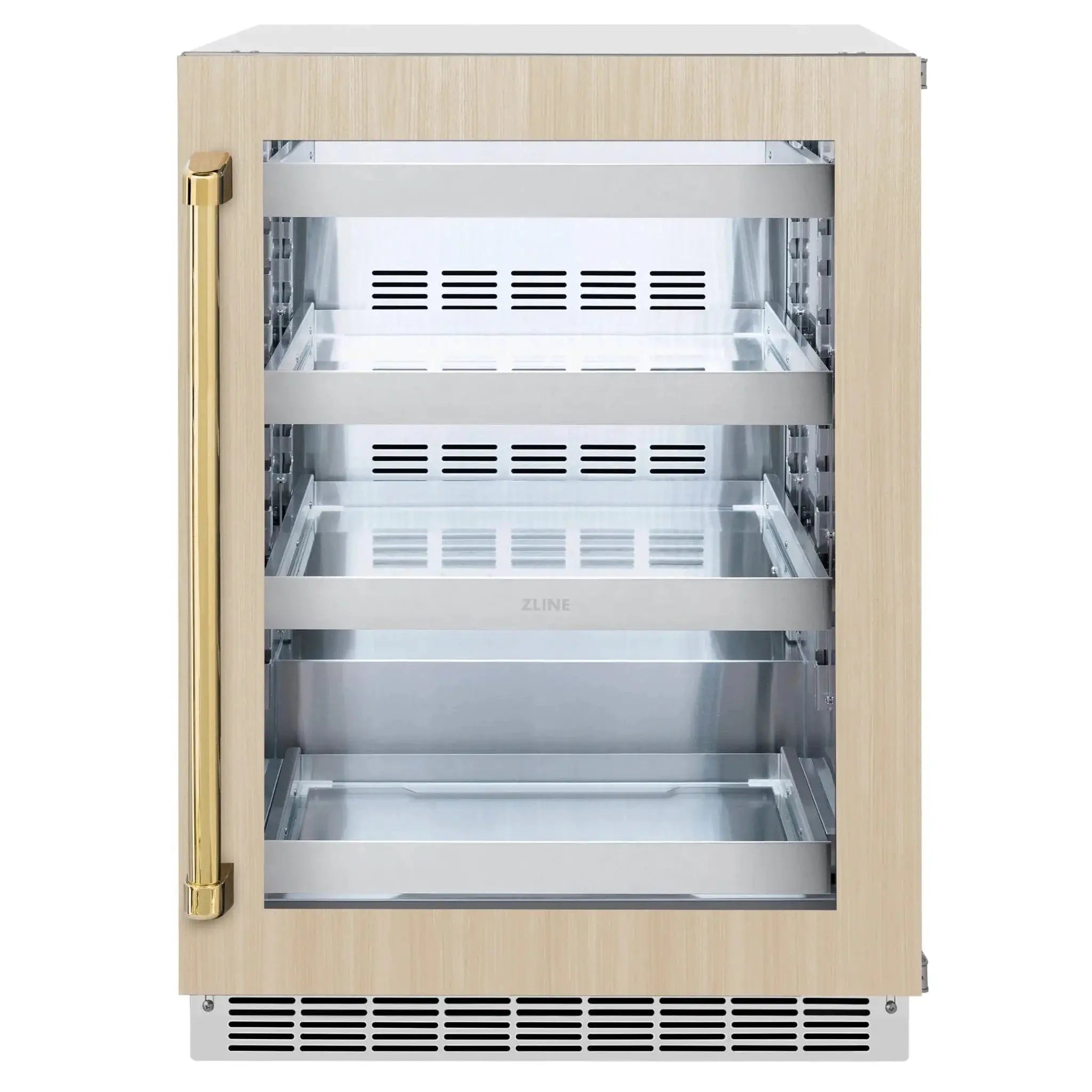 ZLINE Autograph Edition 24 in. Touchstone 151 Can Beverage Fridge With Panel Ready Glass Door And Polished Gold Handle RBSPOZ-24-G by Farmhouse Kitchen and Bath