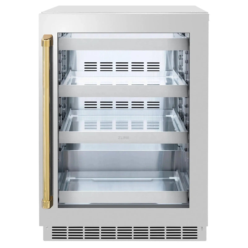 ZLINE Autograph Edition 24 in. Touchstone 151 Can Beverage Fridge With Stainless Steel Glass Door And Polished Gold Handle RBSOZ-GS-24-G by Farmhouse Kitchen and Bath