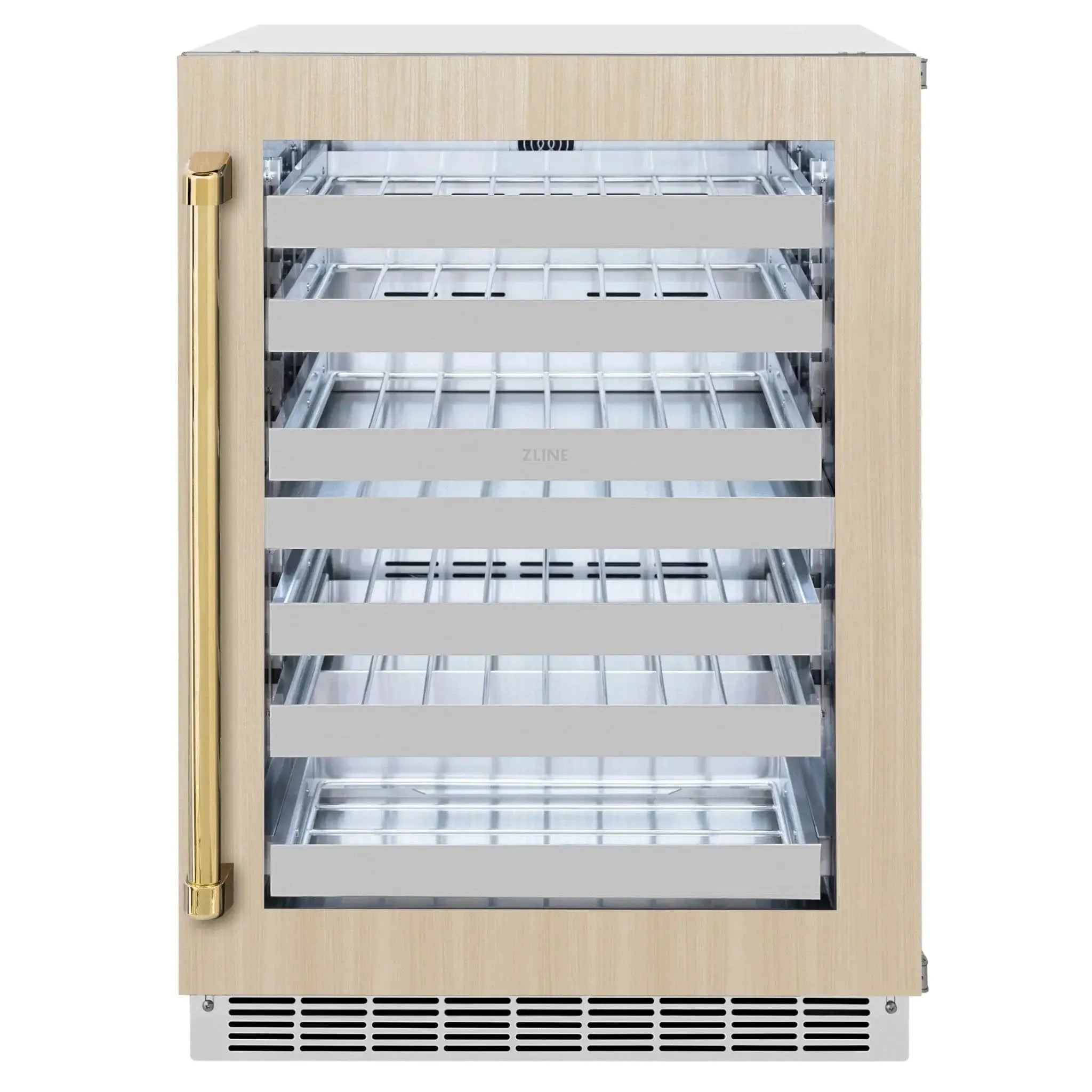 ZLINE Autograph Edition 24 in. Touchstone Dual Zone 44 Bottle Wine Cooler With Panel Ready Glass Door And Polished Gold Handle RWDPOZ-24-G by Farmhouse Kitchen and Bath