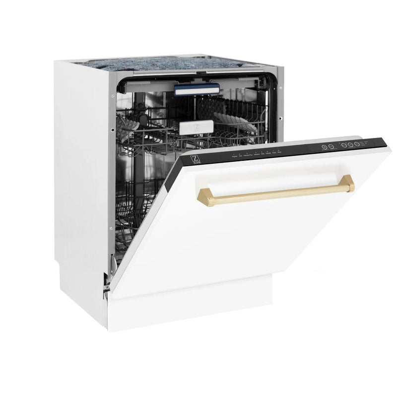 ZLINE Autograph White Door 24" Dishwasher, Gold Handle DWVZ-WM-24-G by Farmhouse Kitchen and Bath