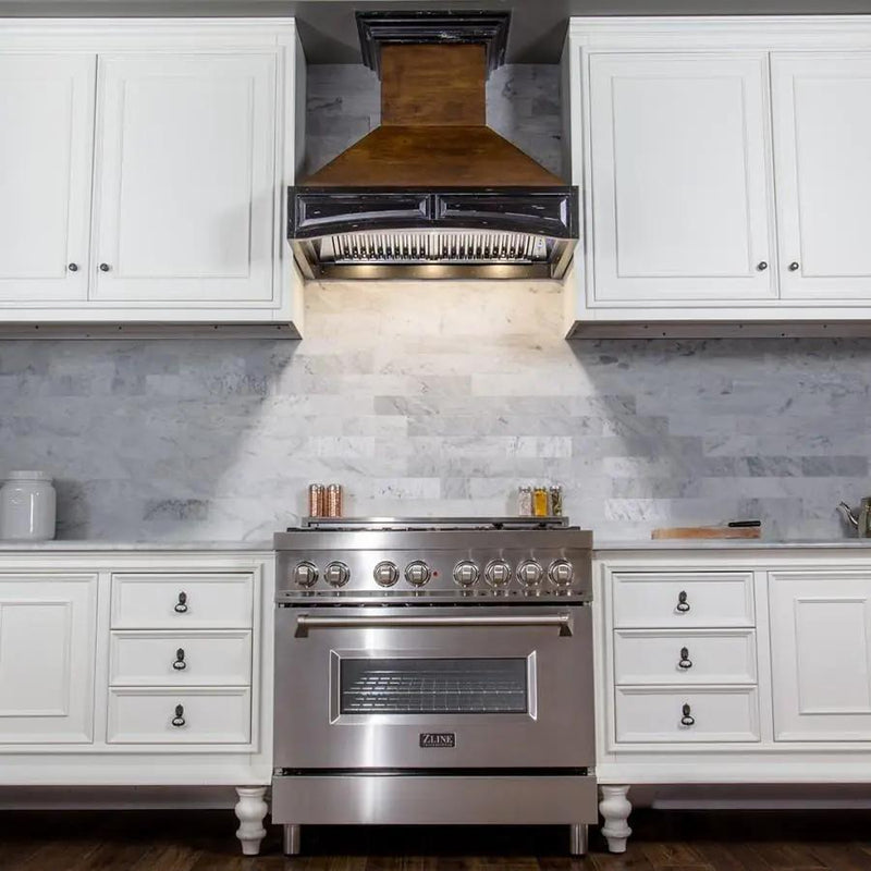 ZLINE 42" Wooden Wall Range Hood, Antigua and Walnut, 321AR-RS-42-400 by Farmhouse Kitchen and Bath
