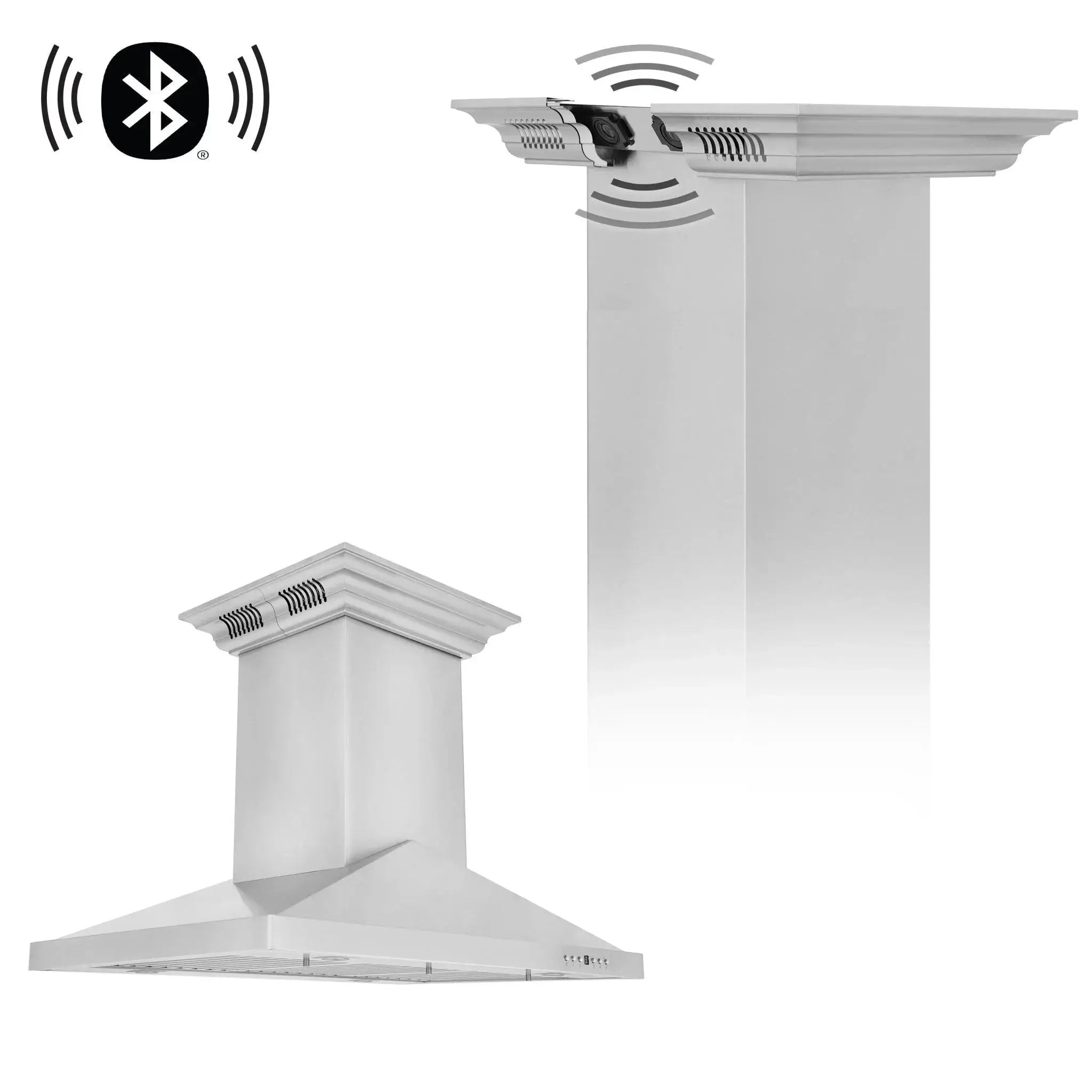 ZLINE Ducted Vent Island Mount Range Hood in Stainless Steel with Built-in ZLINE CrownSound Bluetooth Speakers GL1iCRN-BT-36 by Farmhouse Kitchen and Bath