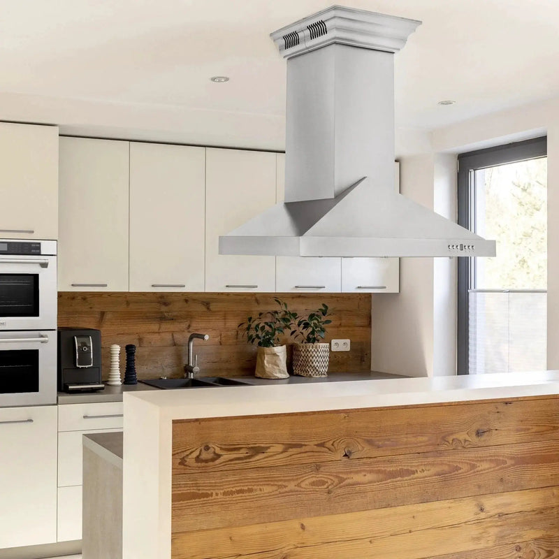 ZLINE Ducted Vent Island Mount Range Hood in Stainless Steel with Built-in ZLINE CrownSound Bluetooth Speakers GL1iCRN-BT-36 by Farmhouse Kitchen and Bath