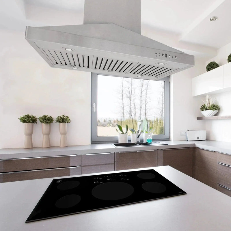 ZLINE Ducted Vent Island Mount Range Hood in Stainless Steel with Built-in ZLINE CrownSound Bluetooth Speakers GL1iCRN-BT-36 by Farmhouse Kitchen and Bath