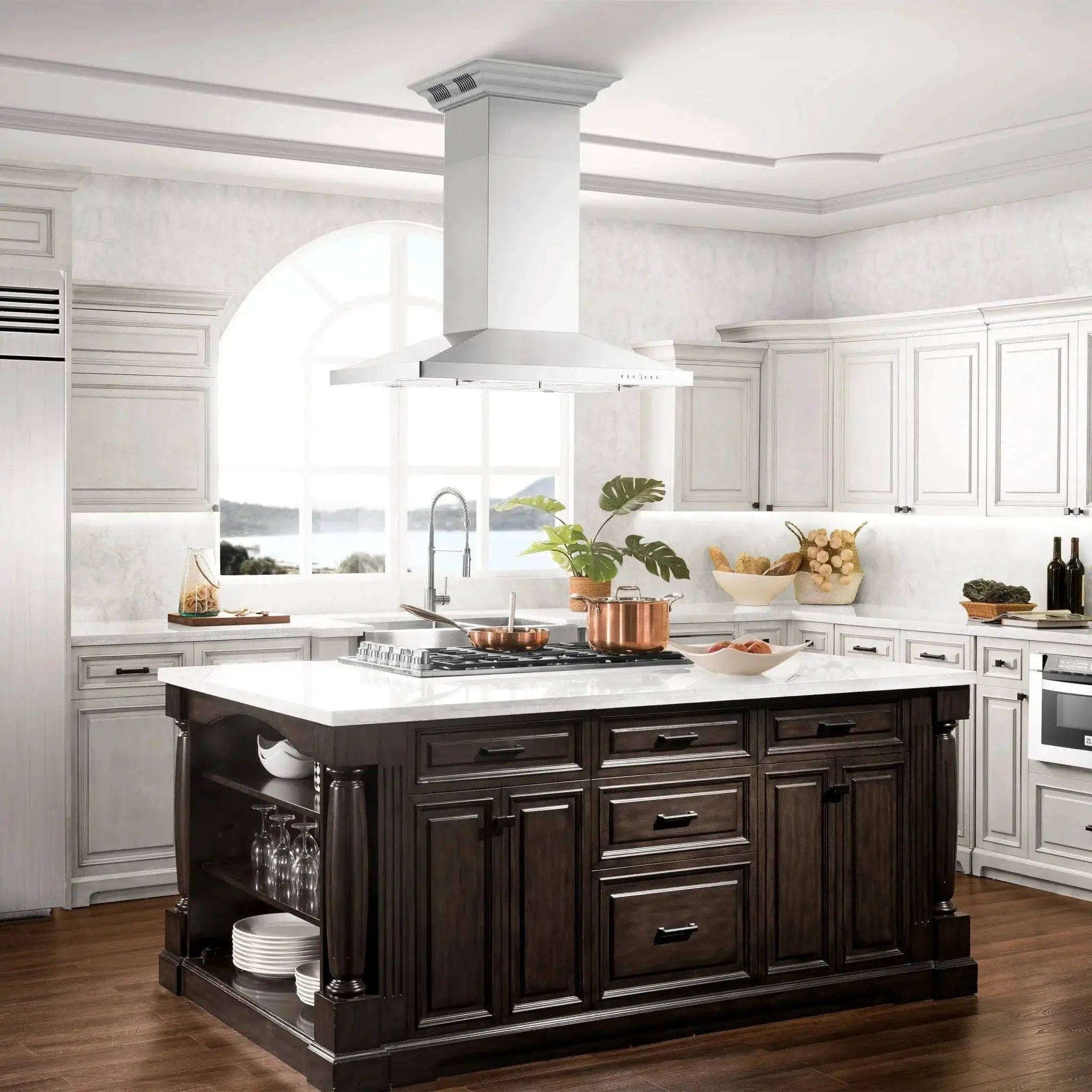 Zline Island Mount Range Hood in Stainless Steel with Built-in ZLINE CrownSound™ Bluetooth Speakers GL2iCRN-BT-48 by Farmhouse Kitchen and Bath