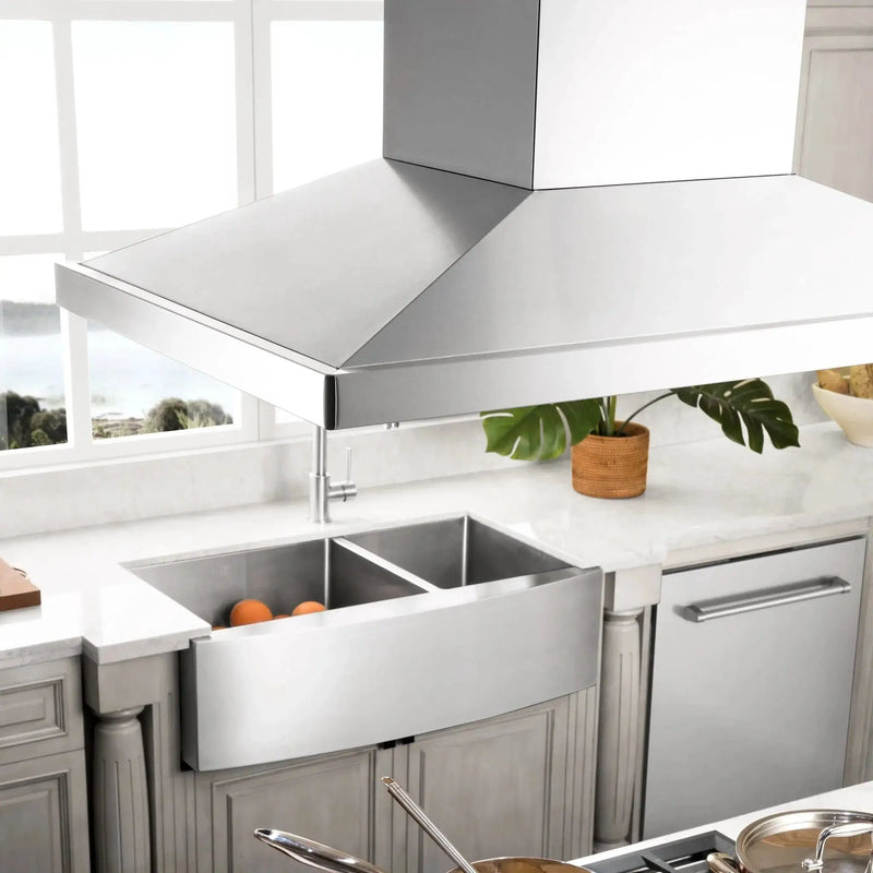 Zline Island Mount Range Hood in Stainless Steel with Built-in ZLINE CrownSound™ Bluetooth Speakers GL2iCRN-BT-48 by Farmhouse Kitchen and Bath