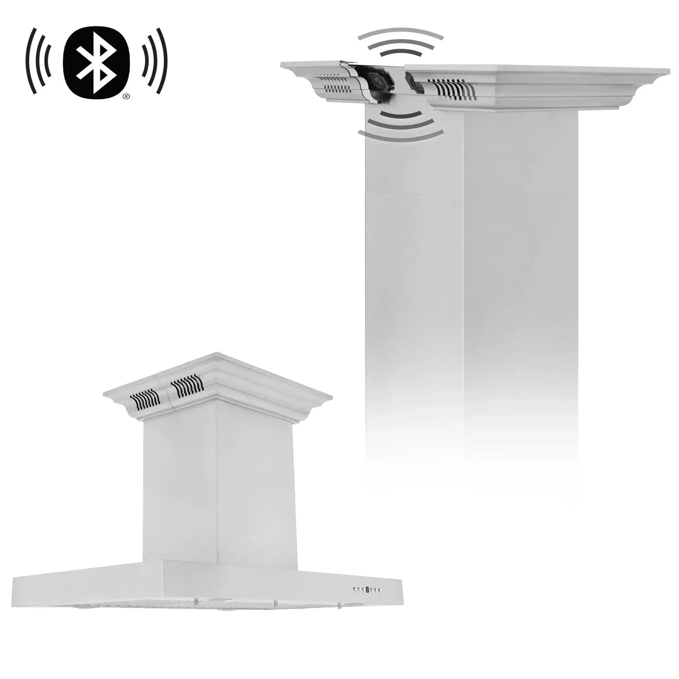 Zline Island Mount Range Hood in Stainless Steel with Built-in ZLINE CrownSound™ Bluetooth Speakers KE2iCRN-BT by Farmhouse Kitchen and Bath