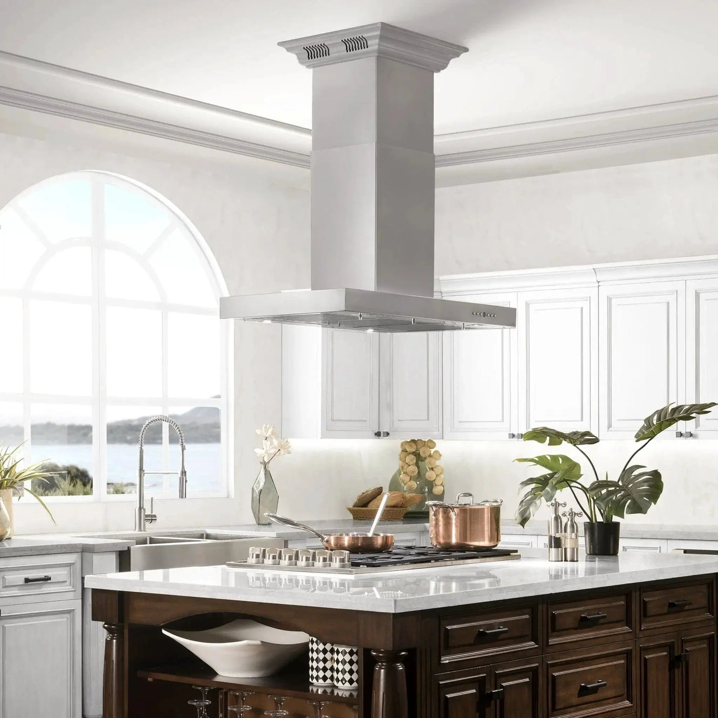 Zline Island Mount Range Hood in Stainless Steel with Built-in ZLINE CrownSound™ Bluetooth Speakers KE2iCRN-BT by Farmhouse Kitchen and Bath