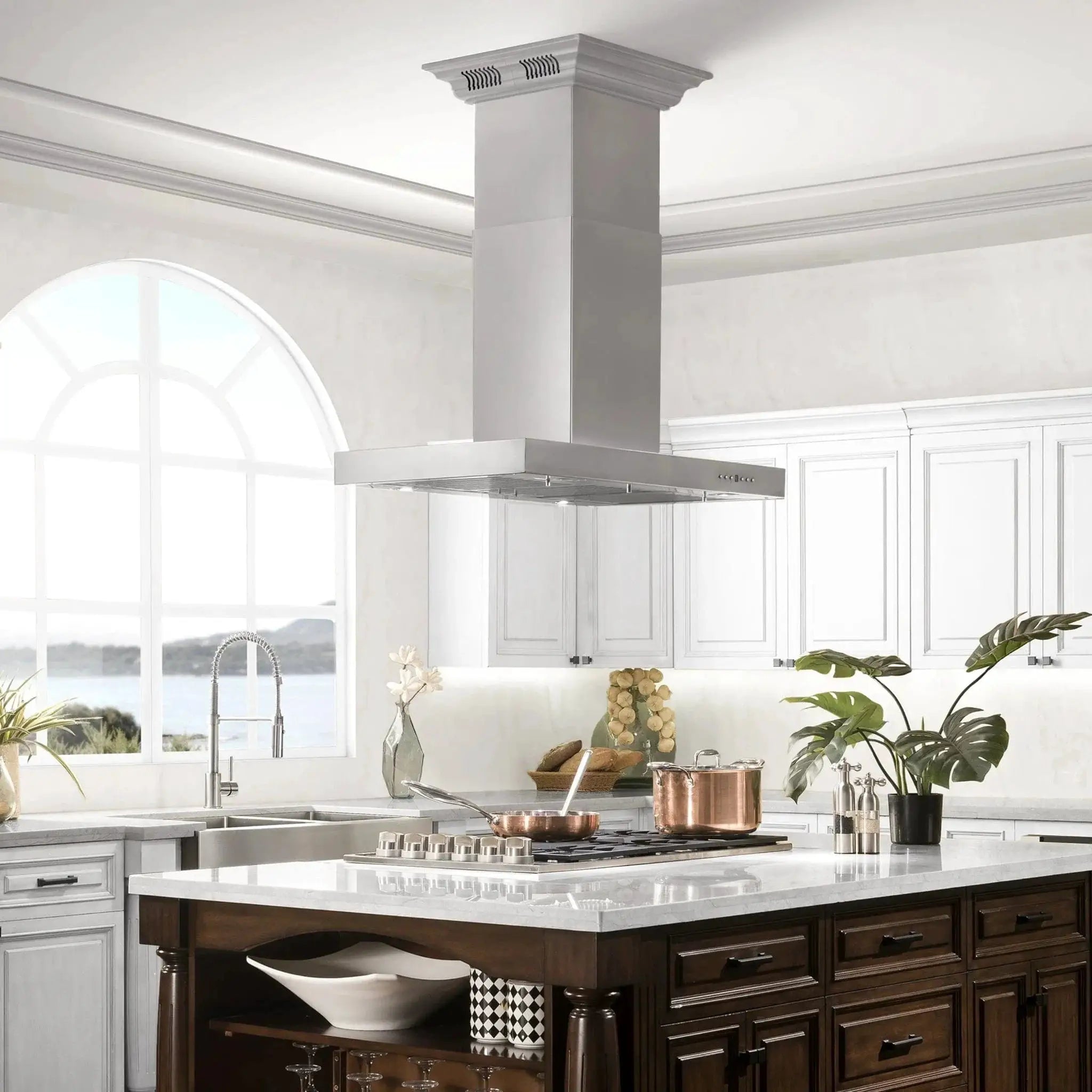 Zline Island Mount Range Hood in Stainless Steel with Built-in ZLINE CrownSound™ Bluetooth Speakers KE2iCRN-BT by Farmhouse Kitchen and Bath