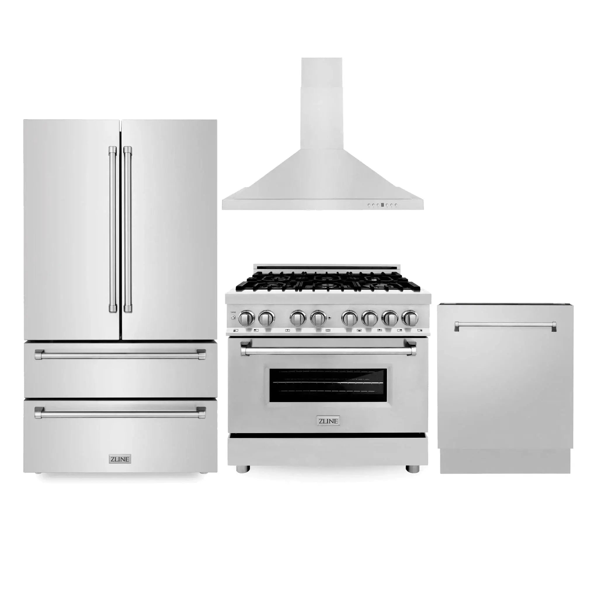 ZLINE Kitchen Package Refrigerator, Range,Range Hood , Dishwasher, 4KPR-RARH36-DWV by Farmhouse Kitchen and Bath